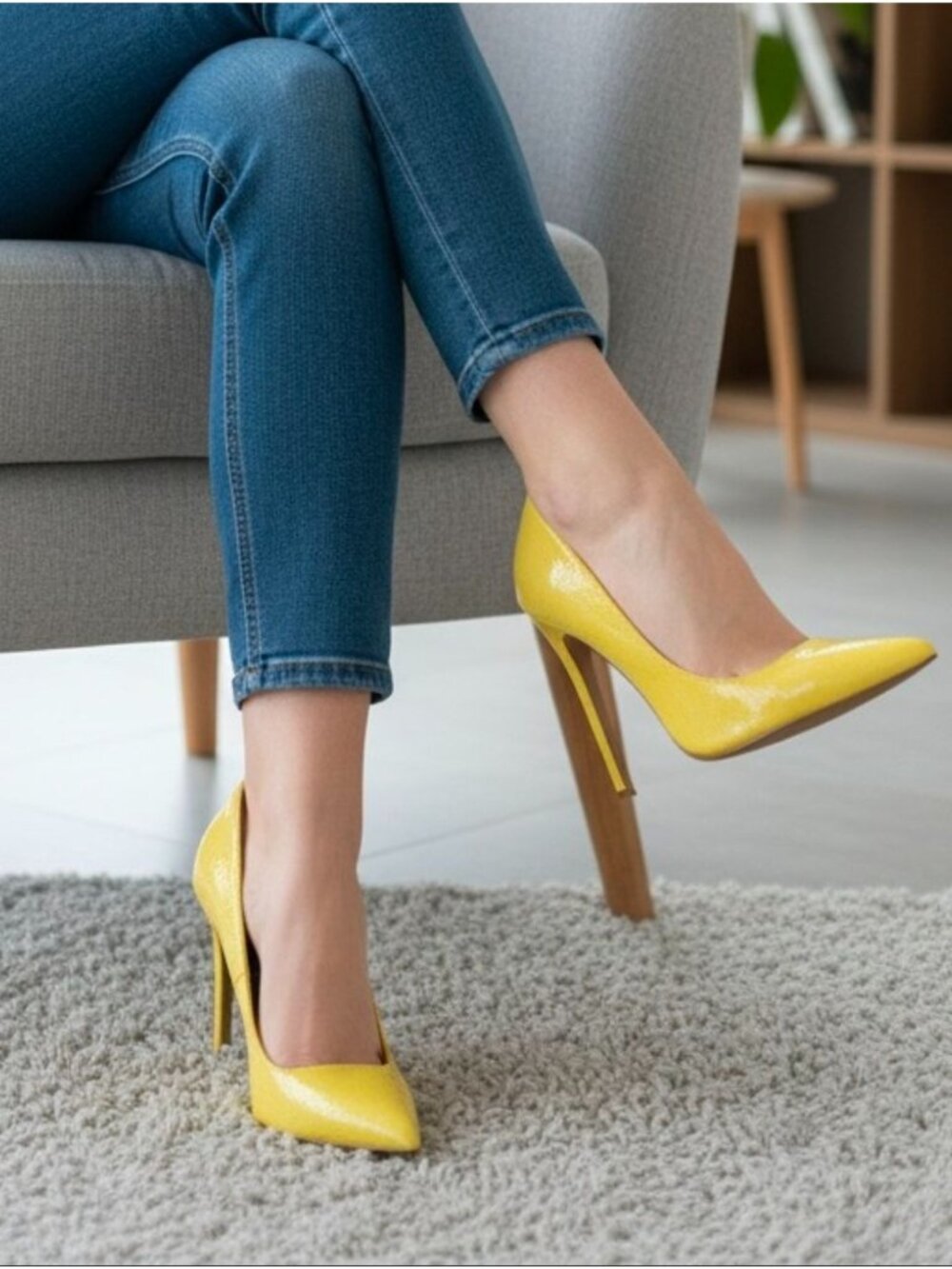 Yellow High Heel Pumps With Faux Snakeskin Texture & Pointed Toe Design